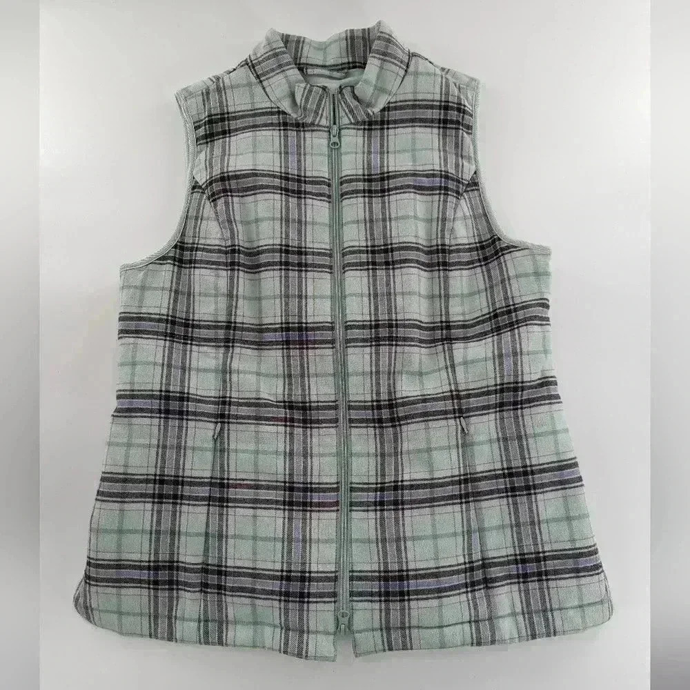 J. Jill Jade Plaid Curved Hem Puffer Vest Size M Pockets Fleece Inside